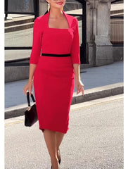 Sheath / Column Cocktail Dresses Vintage Dress Evening Party WorkWear Tea Length 3/4 Length Sleeve Square Neck Stretch Fabric with Strappy