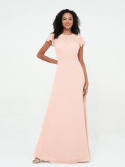 Illusion Neckline Chiffon Dresses with Cap Sleeves-Pearl Pink