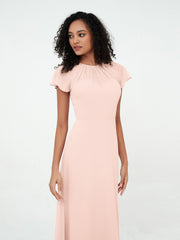Illusion Neckline Chiffon Dresses with Cap Sleeves-Pearl Pink