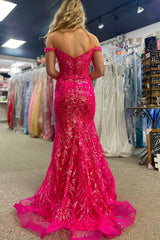 Off the Shoulder Gold Sequin Corset Mermaid Prom Dress with Slit