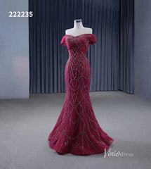 Magenta Beaded Off the Shoulder Wedding Dresses with Removable Overskirt Ball Gown 222235
