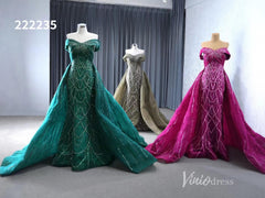 Magenta Beaded Off the Shoulder Wedding Dresses with Removable Overskirt Ball Gown 222235