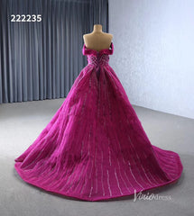 Magenta Beaded Off the Shoulder Wedding Dresses with Removable Overskirt Ball Gown 222235