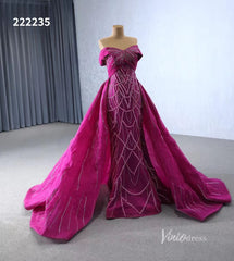 Magenta Beaded Off the Shoulder Wedding Dresses with Removable Overskirt Ball Gown 222235