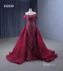 Magenta Beaded Off the Shoulder Wedding Dresses with Removable Overskirt Ball Gown 222235