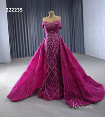 Magenta Beaded Off the Shoulder Wedding Dresses with Removable Overskirt Ball Gown 222235