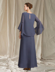 wholesale A-Line Mother of the Bride Dress Plus Size Elegant Jewel Neck Ankle Length Chiffon Long Sleeve with Flower