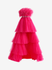 Marie| Fuchsia A-line High-Low Strapless Ruffled Tulle Prom Dress with Feathers