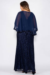 Marina Long Plus Size Lace Formal Cape Dress Navy