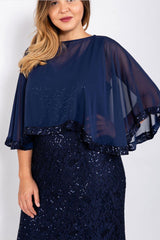 Marina Long Plus Size Lace Formal Cape Dress Navy