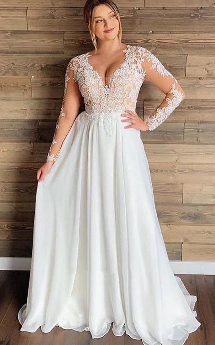Mature Floral Long Sleeve A-Line Lace Wedding Dress