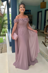 Off-The-Shoulder Mermaid Chiffon Wedding Guest Dresses Long with Appliques
