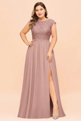 Plus Size Bridesmaid Dress Lace with Split Cap Sleeves Chiffon Wedding Guest Dress