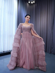 Mauve Ruffle Prom Dresses Cape Sleeve Formal Dress 222125
