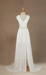 Sleeveless V-Neck Chiffon Beading High Slit Weddig Dress with Low-V Back