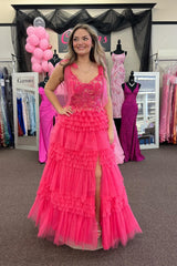 A Line Light Blue Tiered Sweetheart Tulle Slit Prom Dresses
