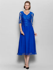 DingjiA-Line Mother of the Bride Dress Plus Size Elegant V Neck Tea Length Chiffon Lace Half Sleeve No with Lace Criss Cross Ruched
