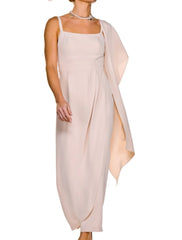 Two Piece Sheath / Column Mother of the Bride Dress Wedding Guest Elegant Square Neck Ankle Length Stretch Fabric Sleeveless Short Jacket Dresses with Buttons Pleats