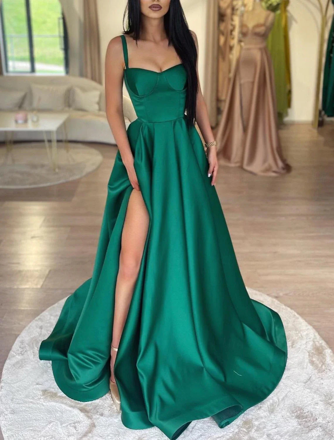A-Line Prom Dresses High Waisted Dress Formal Wedding Guest Floor Length Sleeveless Scoop Neck Satin with Slit Pocket