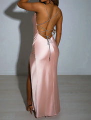 Women's Party Dress Homecoming Dress Satin Dress Pink Dress Long Dress Maxi Dress Black Sleeveless Pure Color Lace up Summer Spring Fall Spaghetti Strap Fashion Party Birthday Evening Party Slim