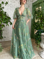 Meadow Green Floral Lace Prom Dresses Sheer Half Sleeve V-Neck TO008