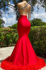 Zeemeermin asymmetrische appliques kanten lovertjes open achterkant een schouder vloerlengte mouwloze prom-jurk met veer