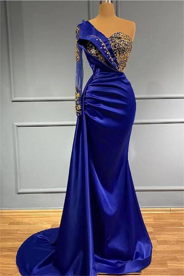 Mermaid Asymmetrische lovertjes laglengte Appliques kant met zijtrein prom-jurk