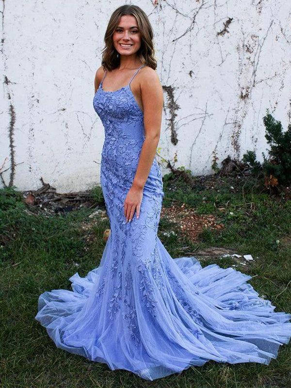 Mermaid Backless Blue Lace Long Prom Dresses, Mermaid Blue Formal Dresses, Blue Lace Evening Dresses