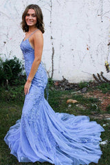 Mermaid Backless Blue Lace Long Prom Dresses, Mermaid Blue Formal Dresses, Blue Lace Evening Dresses