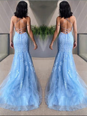 Mermaid Backless Light Blue Lace Long Prom Dresses, Mermaid Blue Formal Dresses, Light Blue Lace Evening Dresses