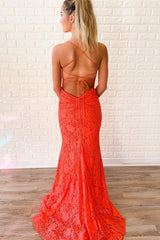 Mermaid Backless Orange Lace Prom Dresses Spaghetti Straps