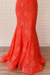 Mermaid Backless Orange Lace Prom Dresses Spaghetti Straps