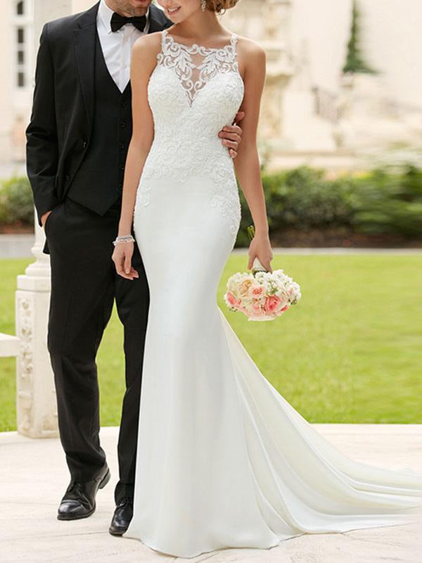 Mermaid Bateau Neck Sleeveless Lace Appliqued Bridal Dresses