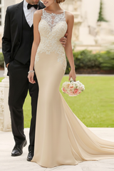Mermaid Bateau Neck Sleeveless Lace Appliqued Bridal Dresses