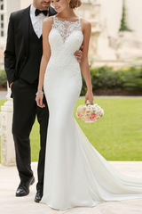 Mermaid Bateau Neck Sleeveless Lace Appliqued Bridal Dresses