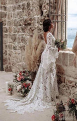 Mermaid Bohemian Lace Wedding Dresses Long Flare Sleeves VW2218