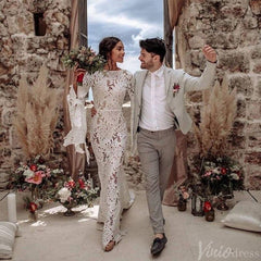 Mermaid Bohemian Lace Wedding Dresses Long Flare Sleeves VW2218