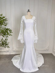 Mermaid Boho Wedding Dresses Long Lace Flare Sleeves,Square Neck 80011
