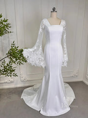 Mermaid Boho Wedding Dresses Long Lace Flare Sleeves,Square Neck 80011