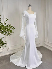 Mermaid Boho Wedding Dresses Long Lace Flare Sleeves,Square Neck 80011