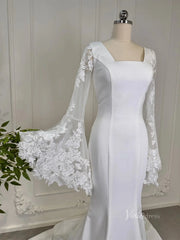 Mermaid Boho Wedding Dresses Long Lace Flare Sleeves,Square Neck 80011