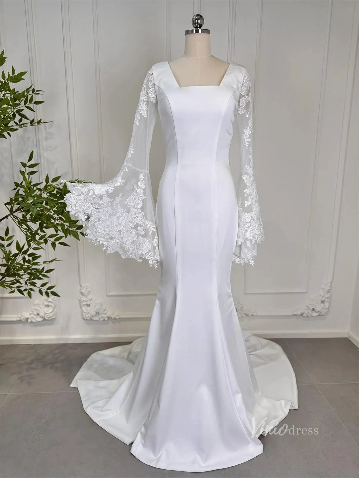 Mermaid Boho Wedding Dresses Long Lace Flare Sleeves,Square Neck 80011