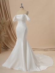 Mermaid Charmeuse Off-the-Shoulder Pleated Chapel Train Convertible Wedding Dress