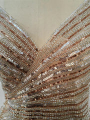 Mermaid Beaded sequins Prom Dress, Deep V Neck Golden Long Prom Evening Gowns with Silt
