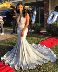 Mermaid Deep V-neck Halter Chapel Backless Paillette Prom Dress