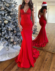 Molly | Mermaid Deep V-Neck Beaded Satin Long Prom Dress