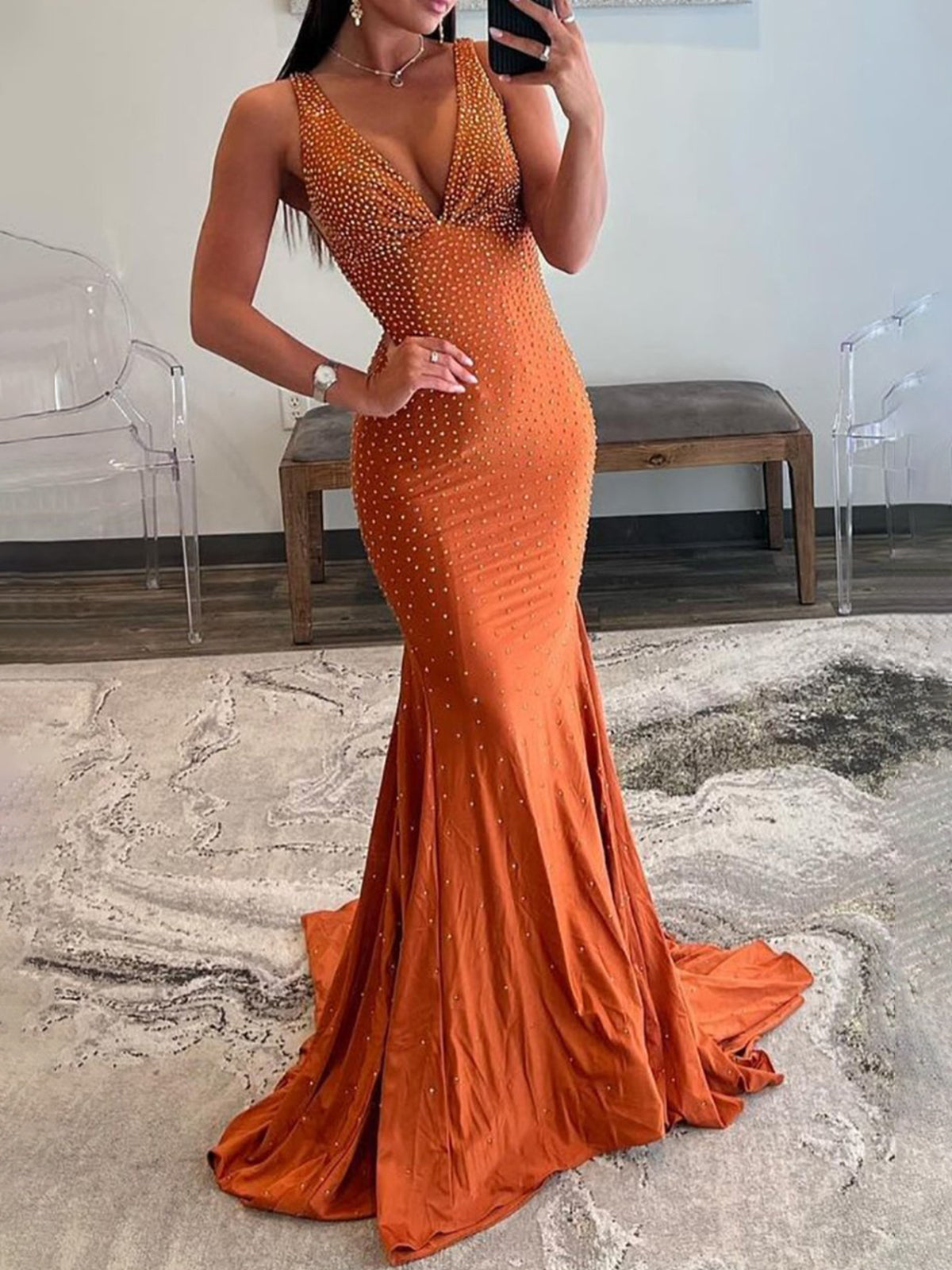 Molly | Mermaid Deep V-Neck Beaded Satin Long Prom Dress