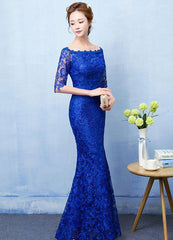 Mermaid Evening Dress Royal Blue Lace Prom Dress Off The Shoulder Half Sleeve Fishtail Maxi Party Dress Wedding Guest Dress