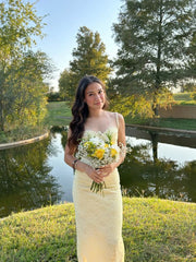 Pastel Yellow Mermaid Prom Dress,Luxury Lace Evening Dresses