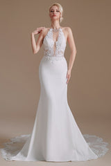 Mermaid Halter Backless Satin Wedding Dress with Appliques Lace